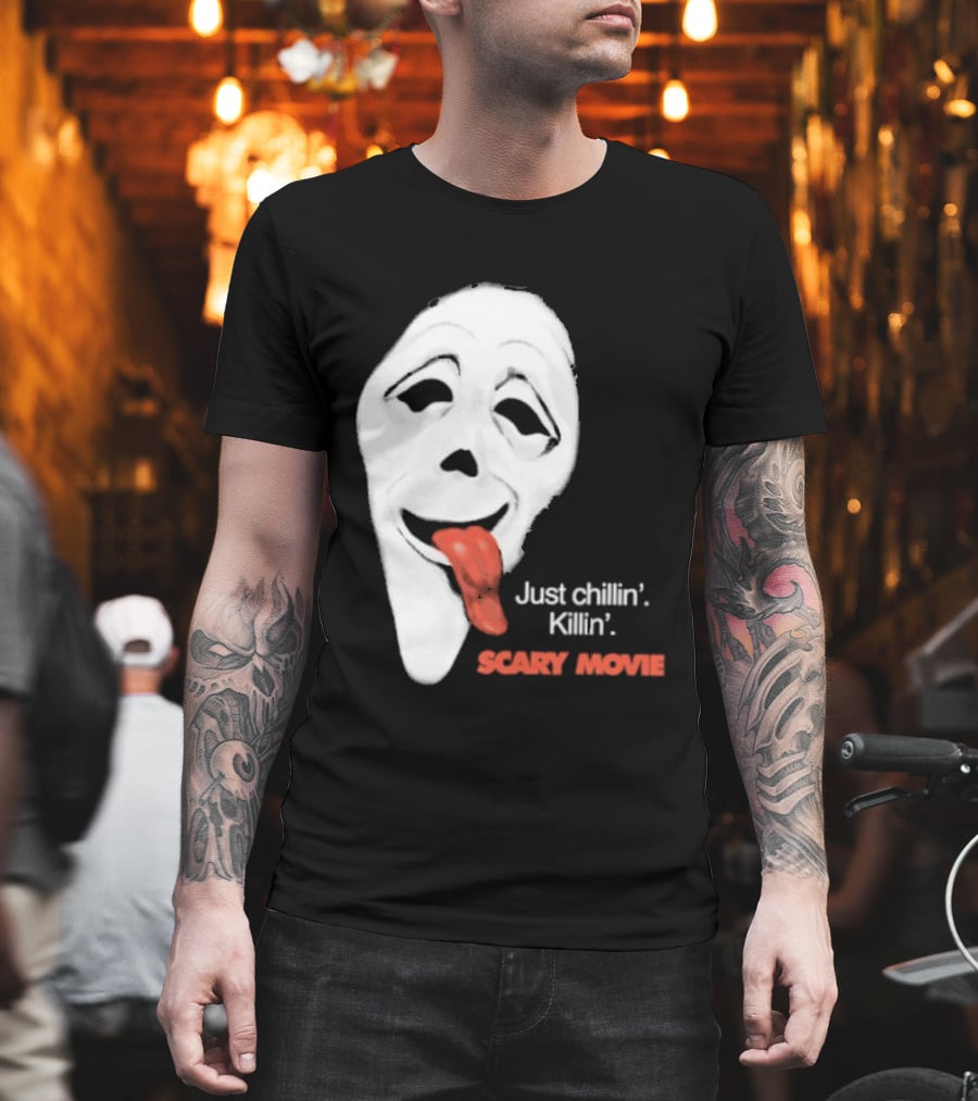Just Chillin' Killin' Scary Movie Ghostface Mask With Red Tongue T-Shirt
