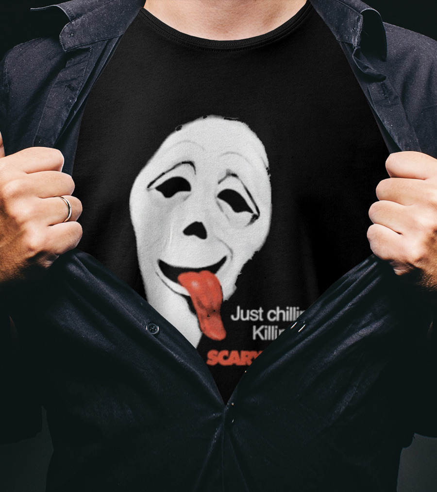 Just Chillin' Killin' Scary Movie Ghostface Mask With Red Tongue T-Shirt