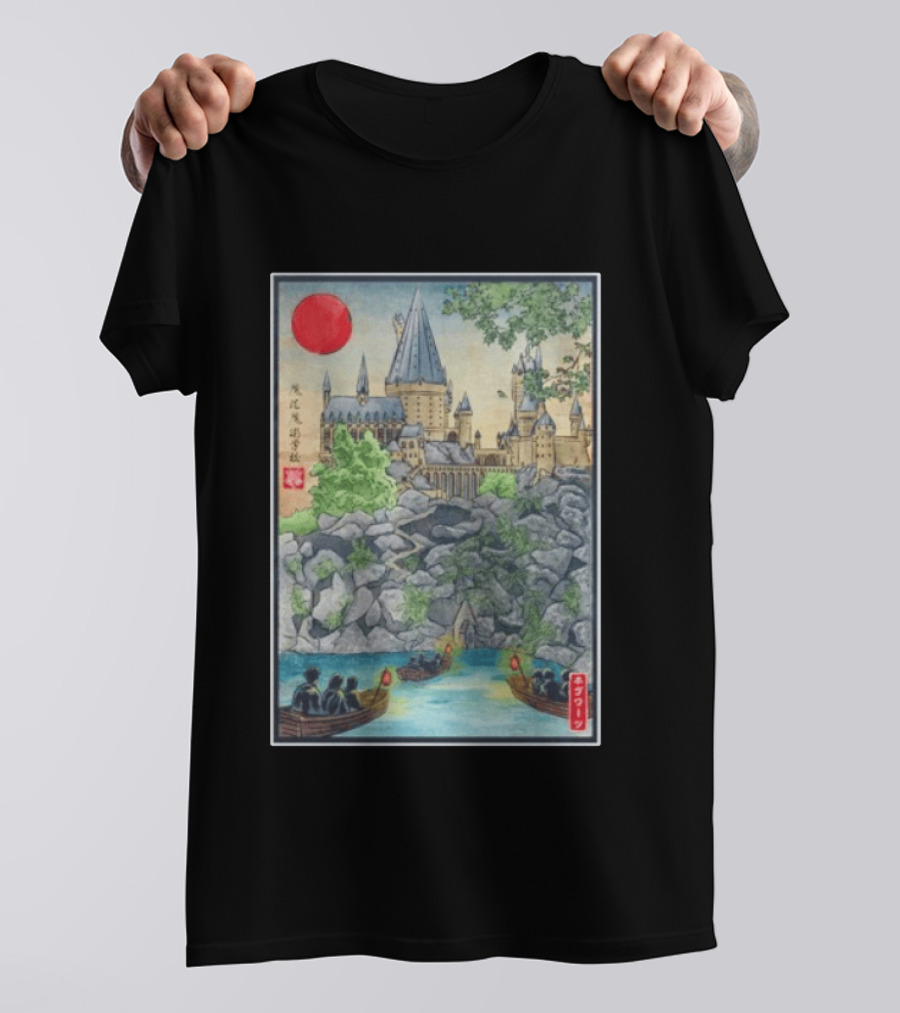 Hogwarts School Of Witchcraft And Wizardry Japanese Ukiyo E Style Castle With Boats And Red Sun T-Shirt