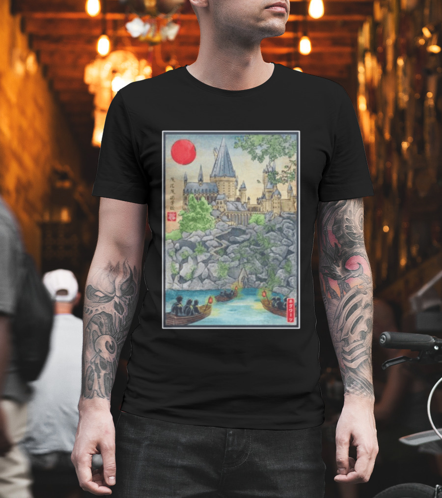 Hogwarts School Of Witchcraft And Wizardry Japanese Ukiyo E Style Castle With Boats And Red Sun T-Shirt