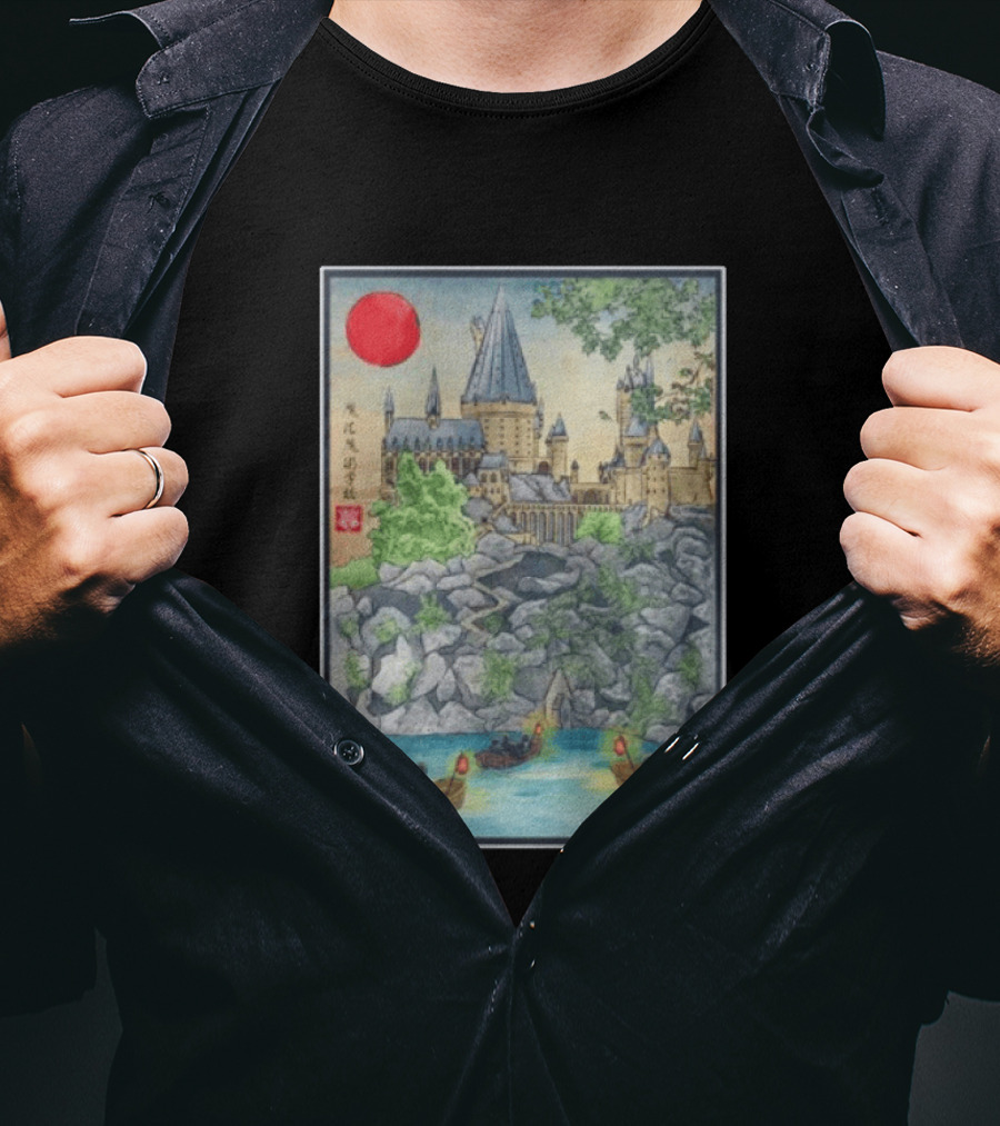 Hogwarts School Of Witchcraft And Wizardry Japanese Ukiyo E Style Castle With Boats And Red Sun T-Shirt