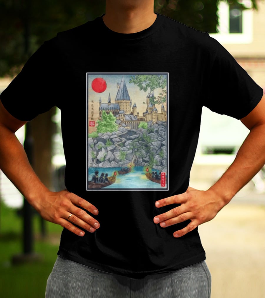 Hogwarts School Of Witchcraft And Wizardry Japanese Ukiyo E Style Castle With Boats And Red Sun T-Shirt