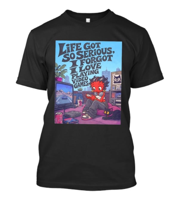 Life Got So Serious I Forgot I Love Playing Video Games City Room Scene Retro Character And Cat T-Shirt