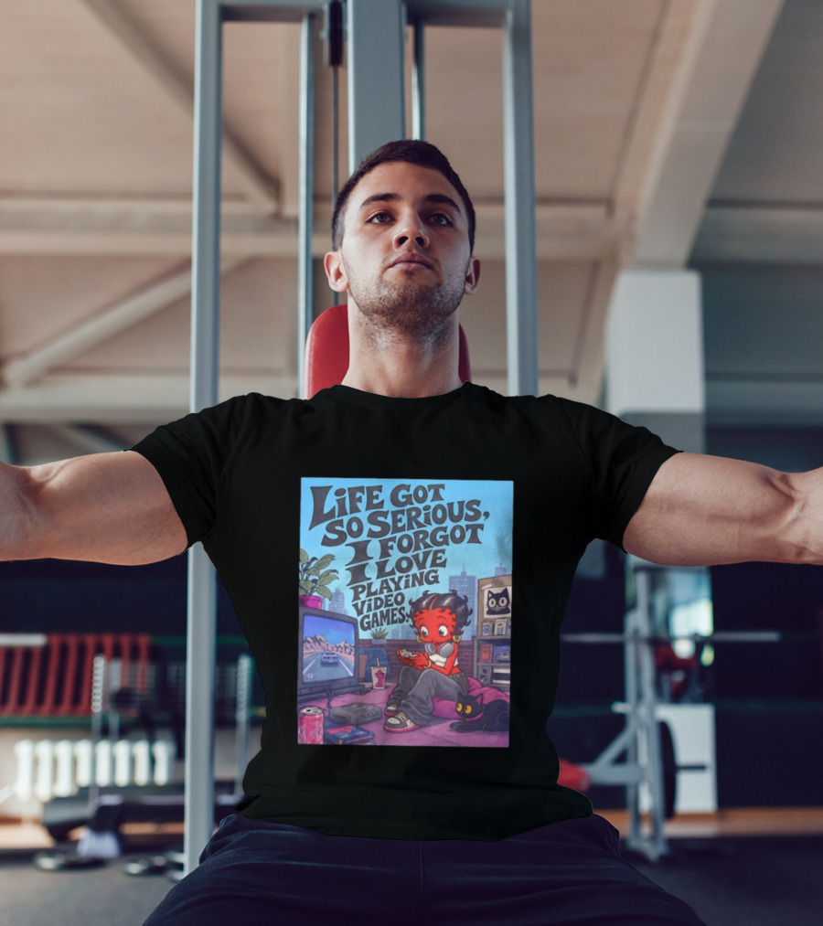 Life Got So Serious I Forgot I Love Playing Video Games City Room Scene Retro Character And Cat T-Shirt