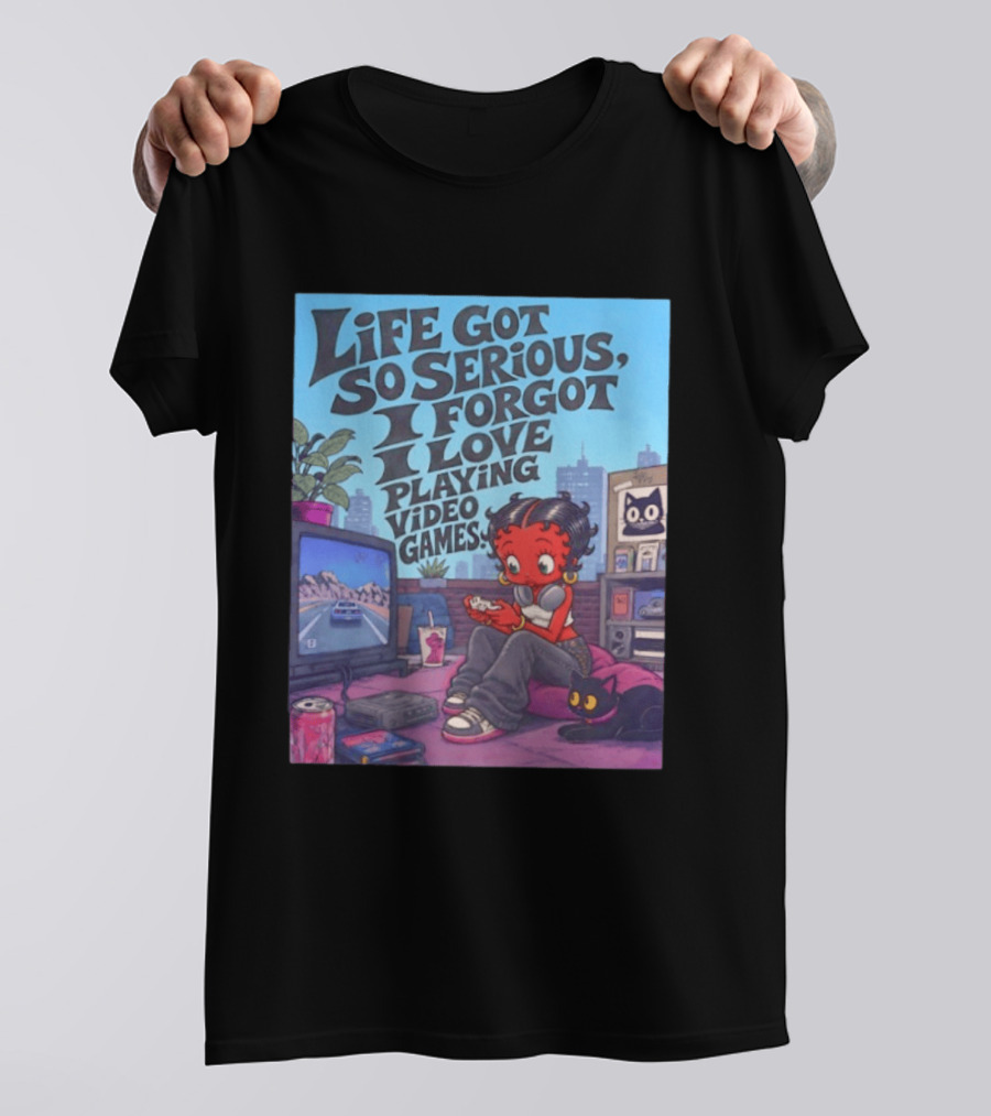 Life Got So Serious I Forgot I Love Playing Video Games City Room Scene Retro Character And Cat T-Shirt