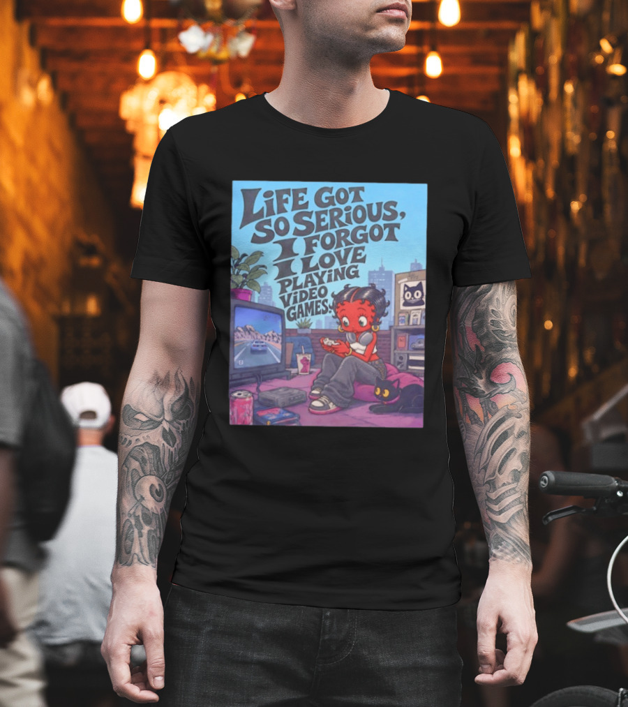 Life Got So Serious I Forgot I Love Playing Video Games City Room Scene Retro Character And Cat T-Shirt