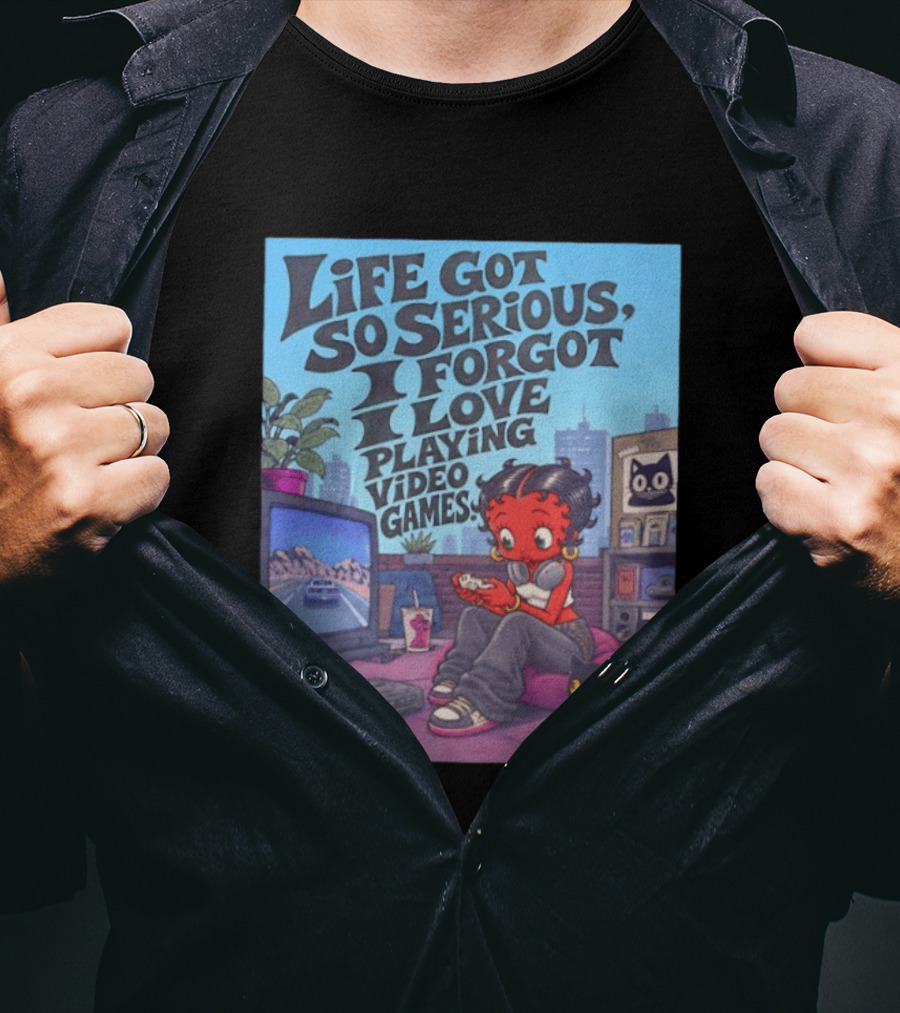 Life Got So Serious I Forgot I Love Playing Video Games City Room Scene Retro Character And Cat T-Shirt