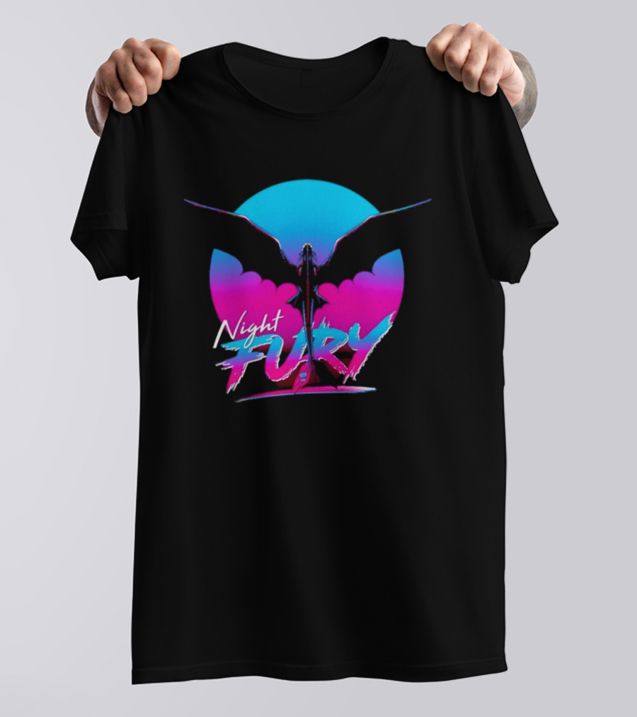 Night Fury Dragon Silhouette Neon Blue And Pink T-Shirt