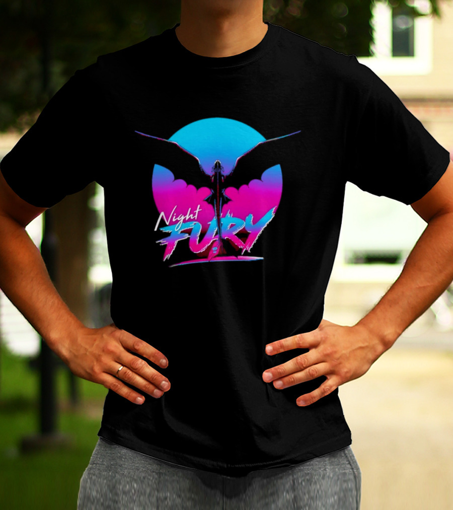 Night Fury Dragon Silhouette Neon Blue And Pink T-Shirt