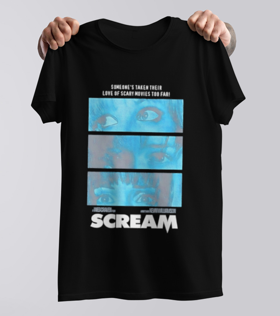 Someone's Taken Their Love Of Scary Movies Too Far Scream Eyes Dramatic Blue Panels T-Shirt