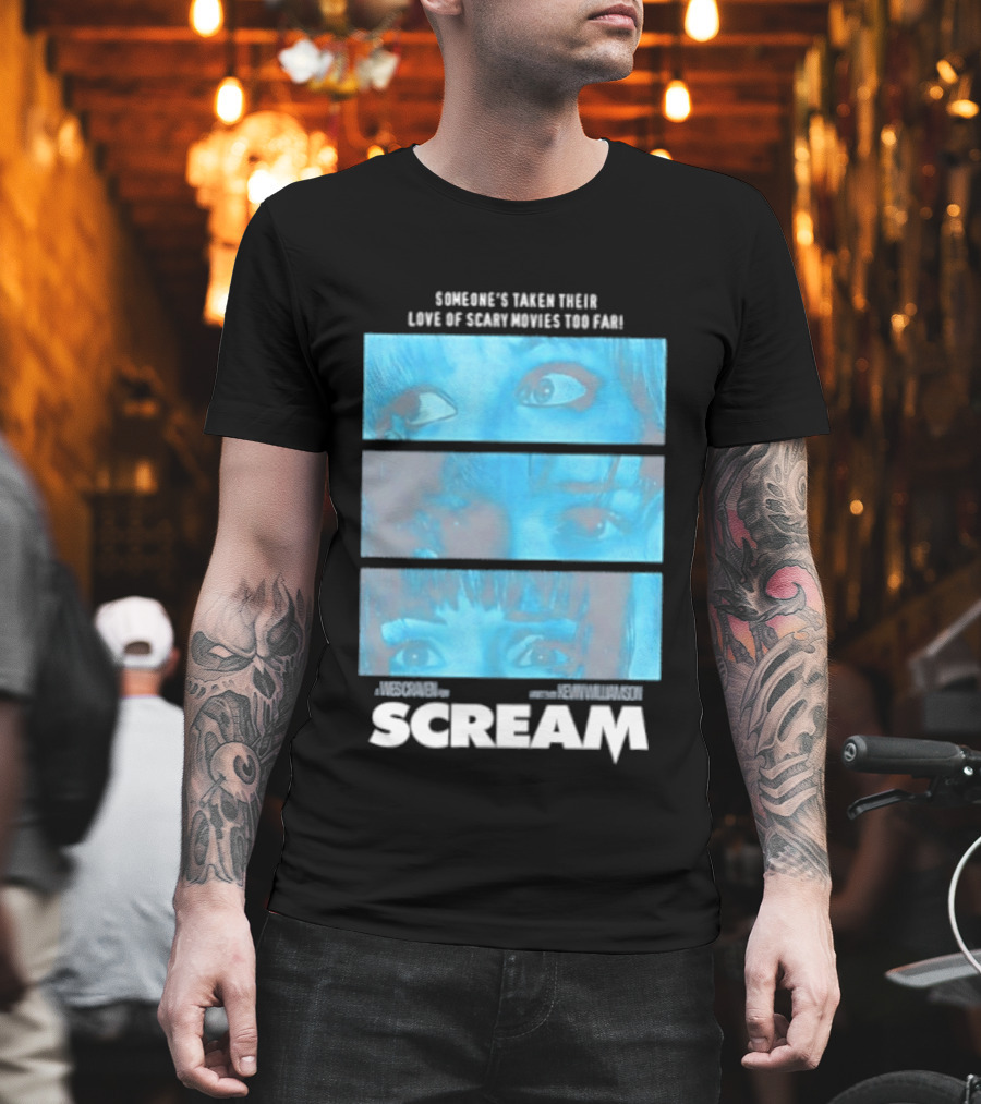 Someone's Taken Their Love Of Scary Movies Too Far Scream Eyes Dramatic Blue Panels T-Shirt