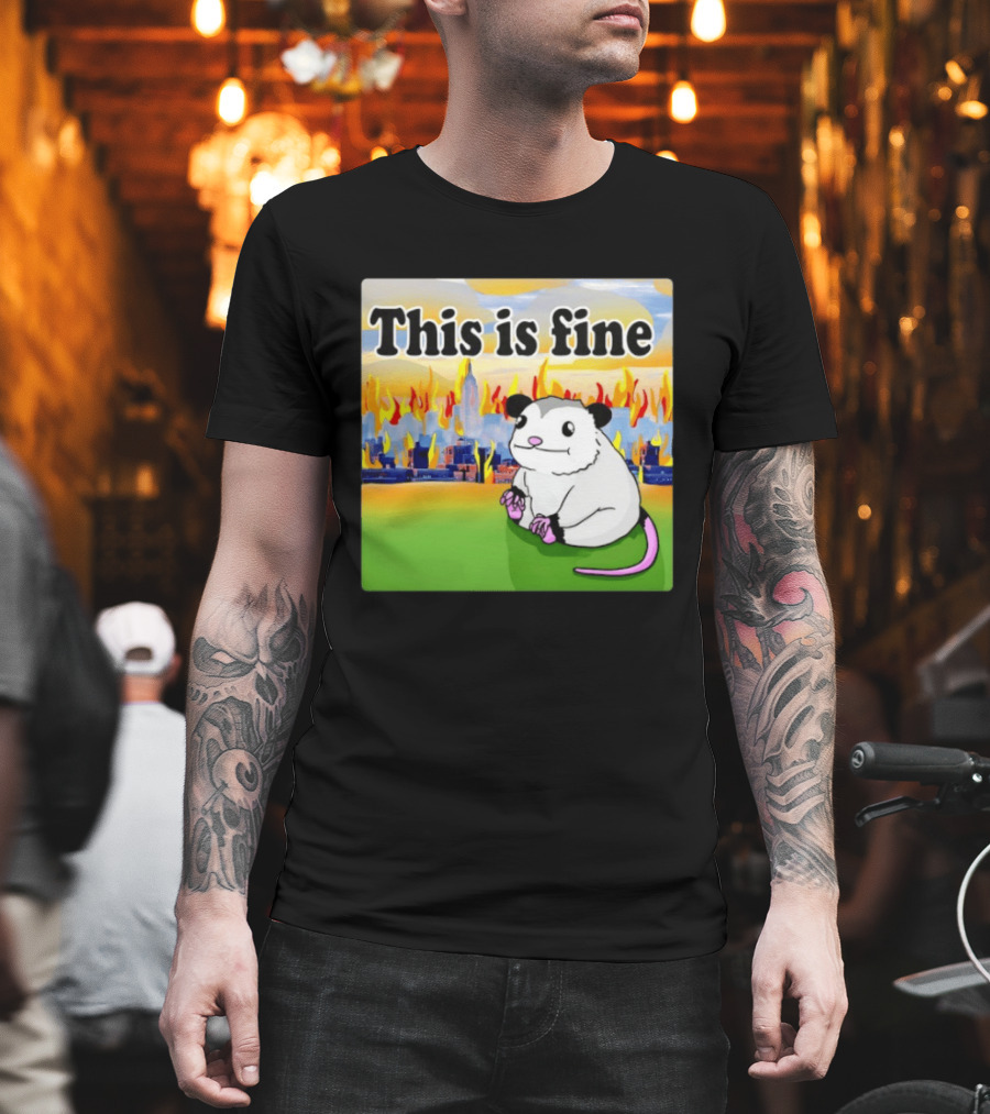This Is Fine Opossum New York City NYC Urban Skyline Flames T-Shirt