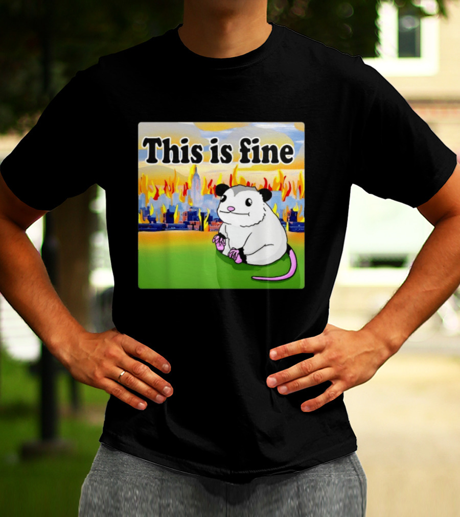 This Is Fine Opossum New York City NYC Urban Skyline Flames T-Shirt