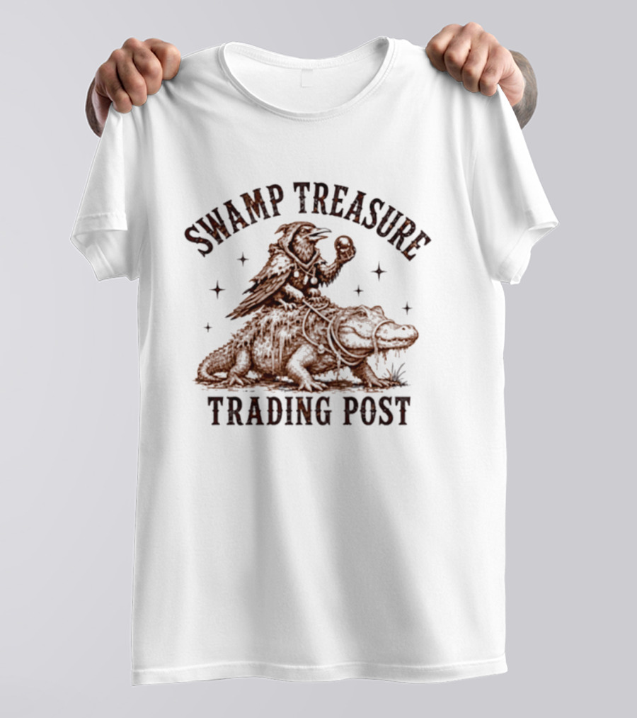 Swamp Treasure Trading Post Raven And Alligator Adventure Scene T-Shirt