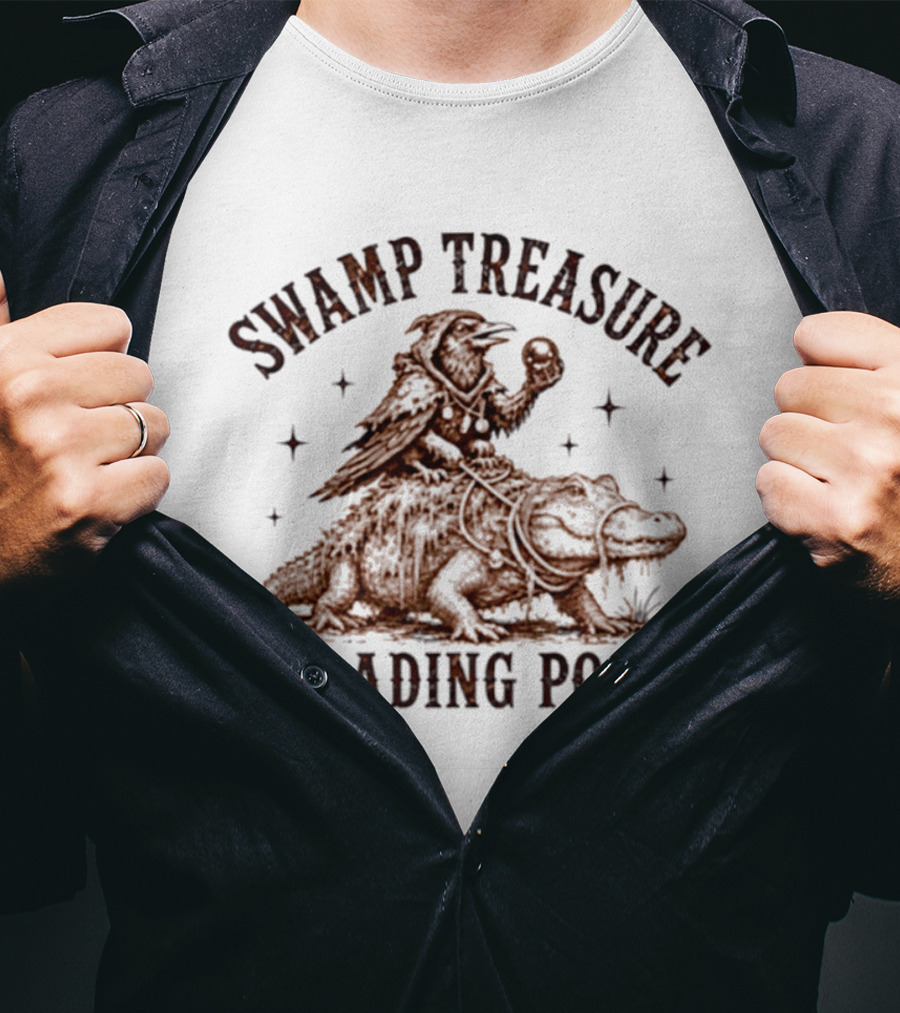 Swamp Treasure Trading Post Raven And Alligator Adventure Scene T-Shirt