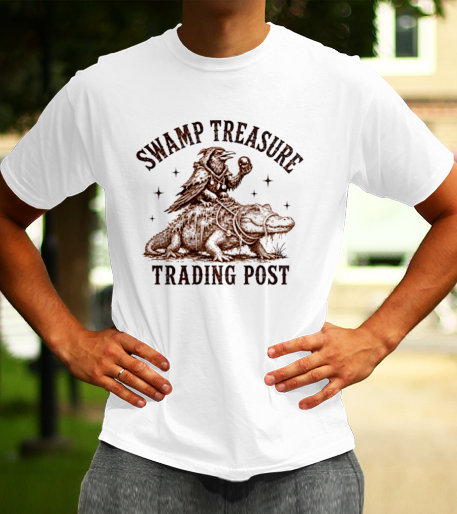 Swamp Treasure Trading Post Raven And Alligator Adventure Scene T-Shirt