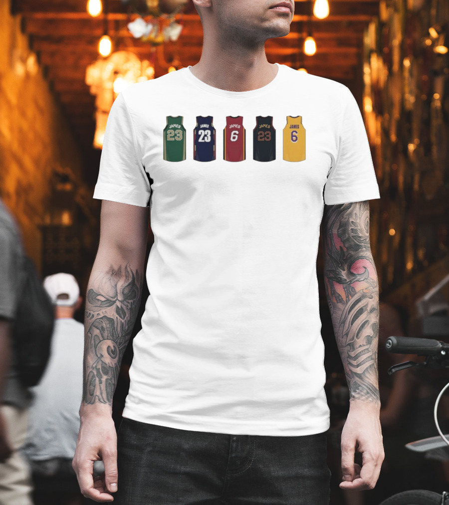 LeBron James Jersey Collection Boston Celtics Cleveland Cavaliers Miami Heat Los Angeles Lakers T-Shirt