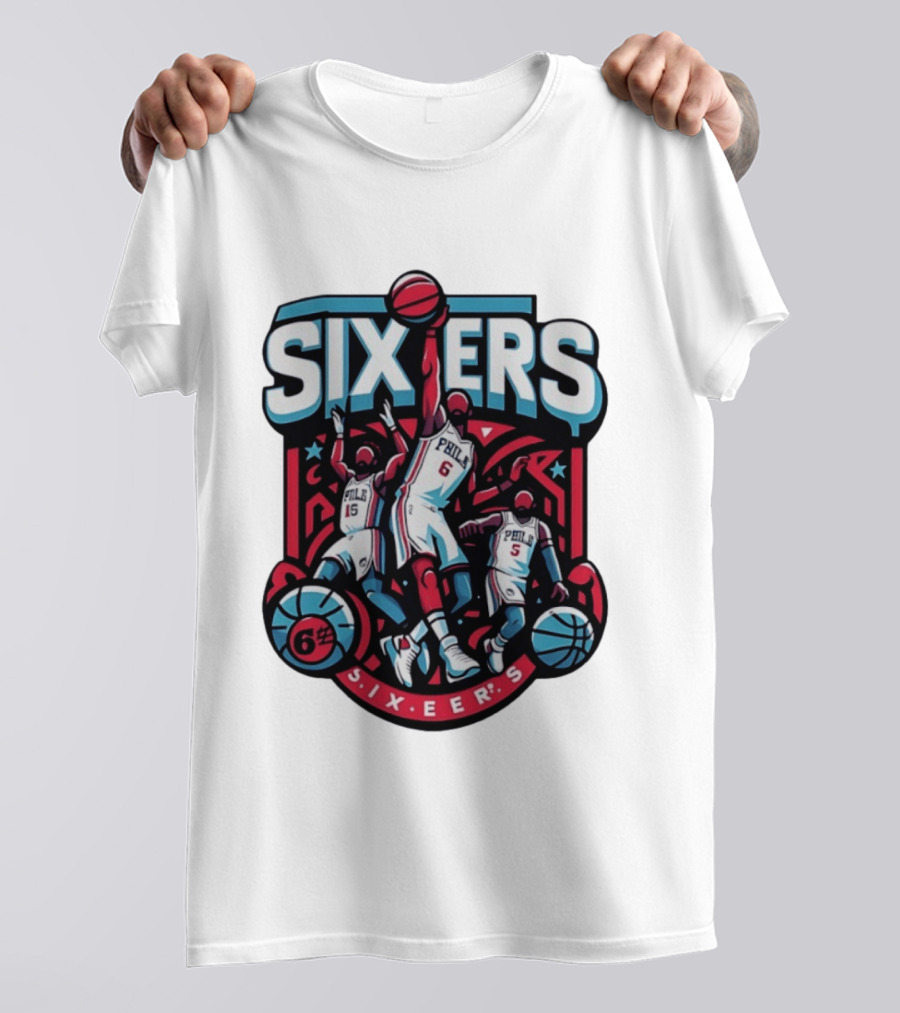 Philadelphia Sixers 2026 NBA Collage Featuring Number 6 Phila Basketball Player T-Shirt
