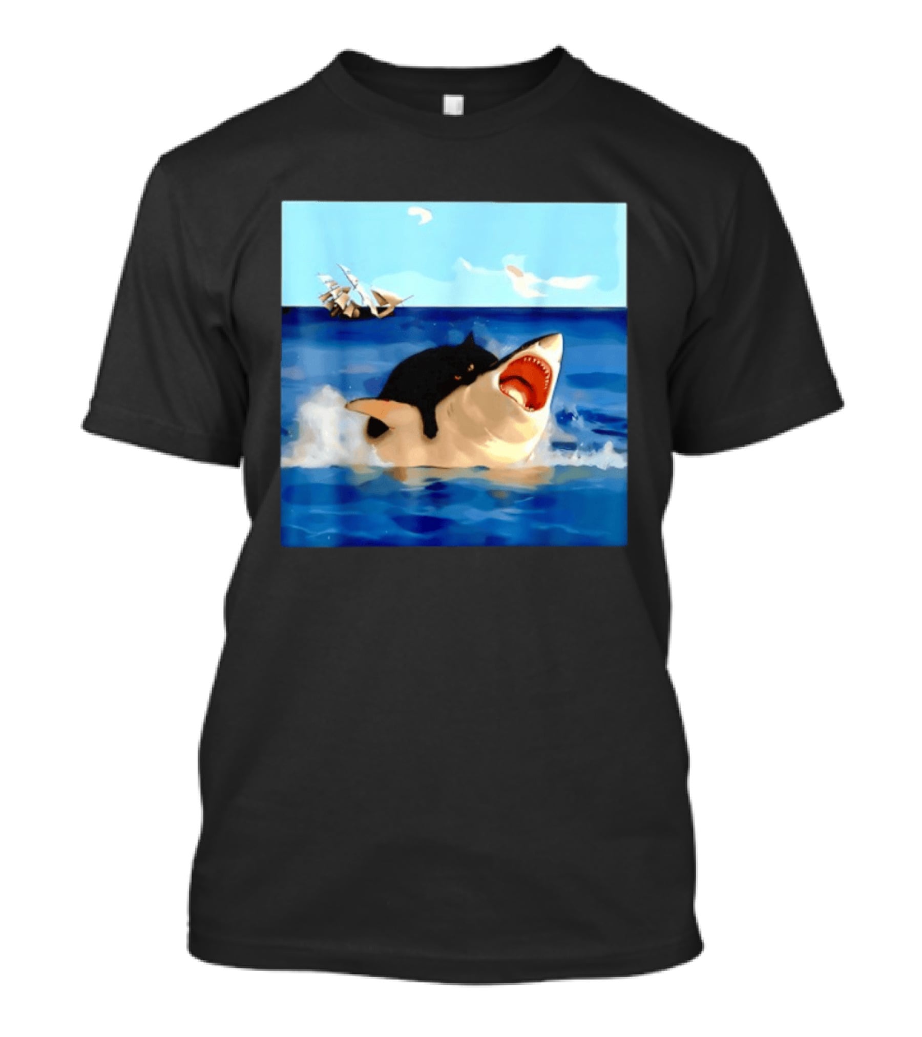 Black Cat Riding Great White Shark With Ocean And Sailing Ship T-Shirt