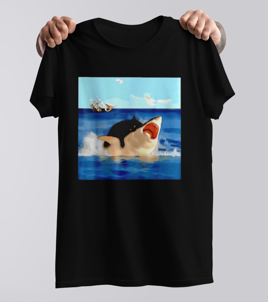 Black Cat Riding Great White Shark With Ocean And Sailing Ship T-Shirt