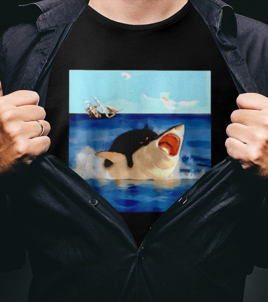 Black Cat Riding Great White Shark With Ocean And Sailing Ship T-Shirt