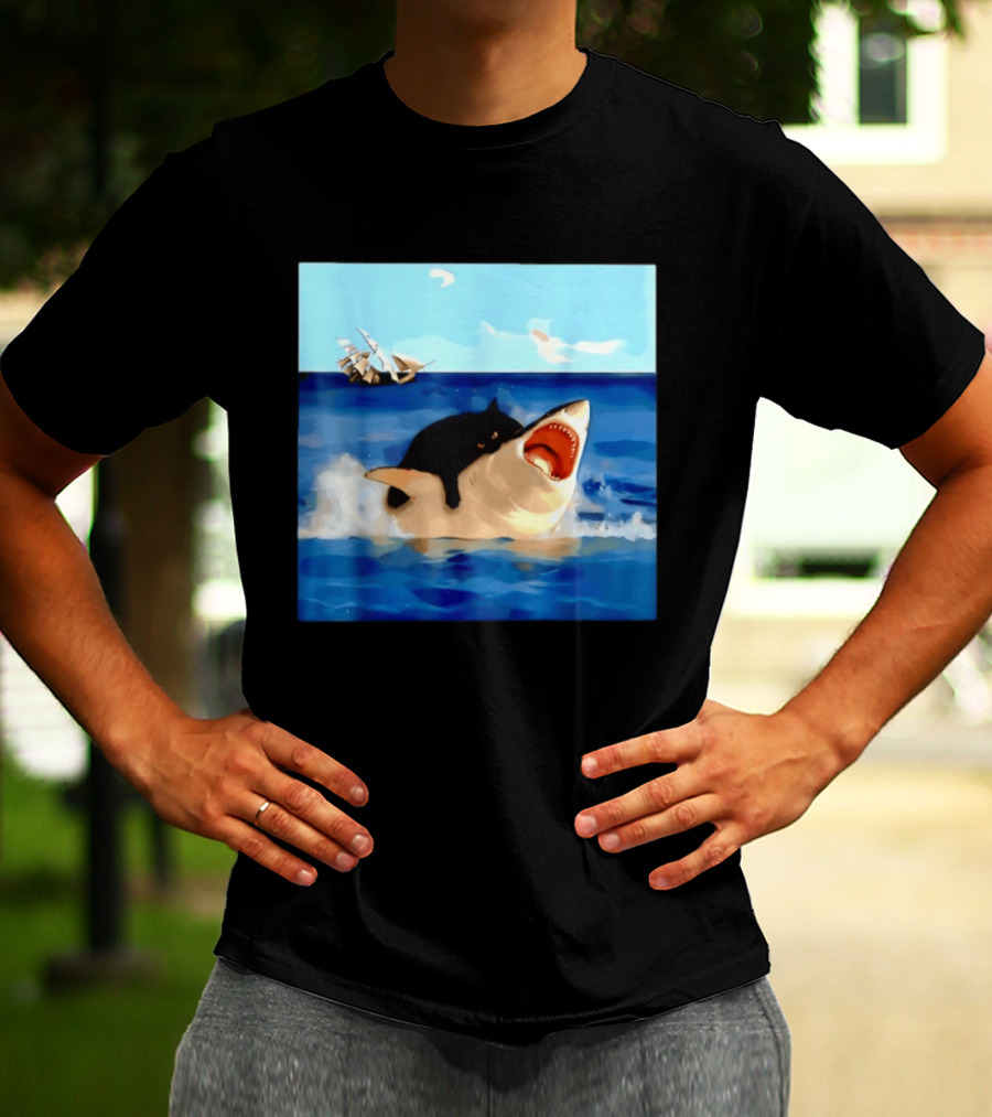 Black Cat Riding Great White Shark With Ocean And Sailing Ship T-Shirt