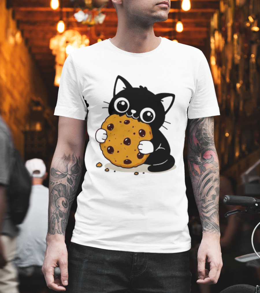 Black Cat Holding Chocolate Chip Cookie T-Shirt
