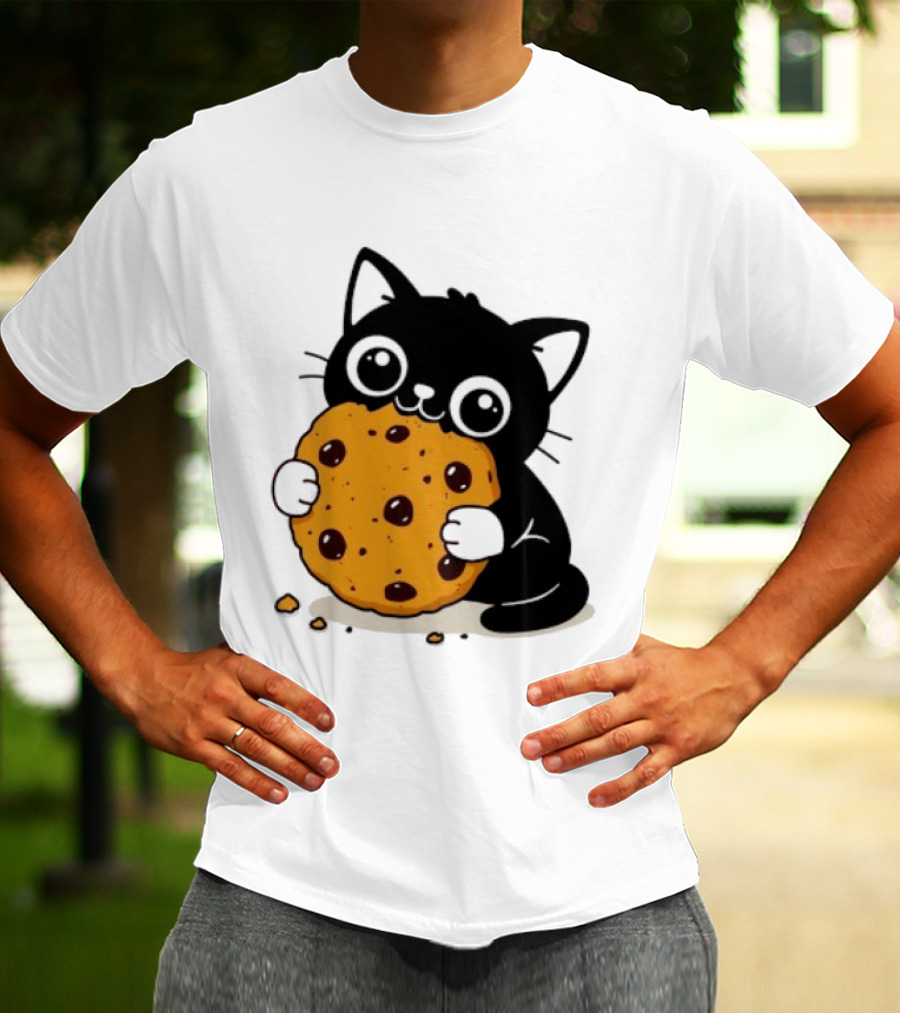Black Cat Holding Chocolate Chip Cookie T-Shirt