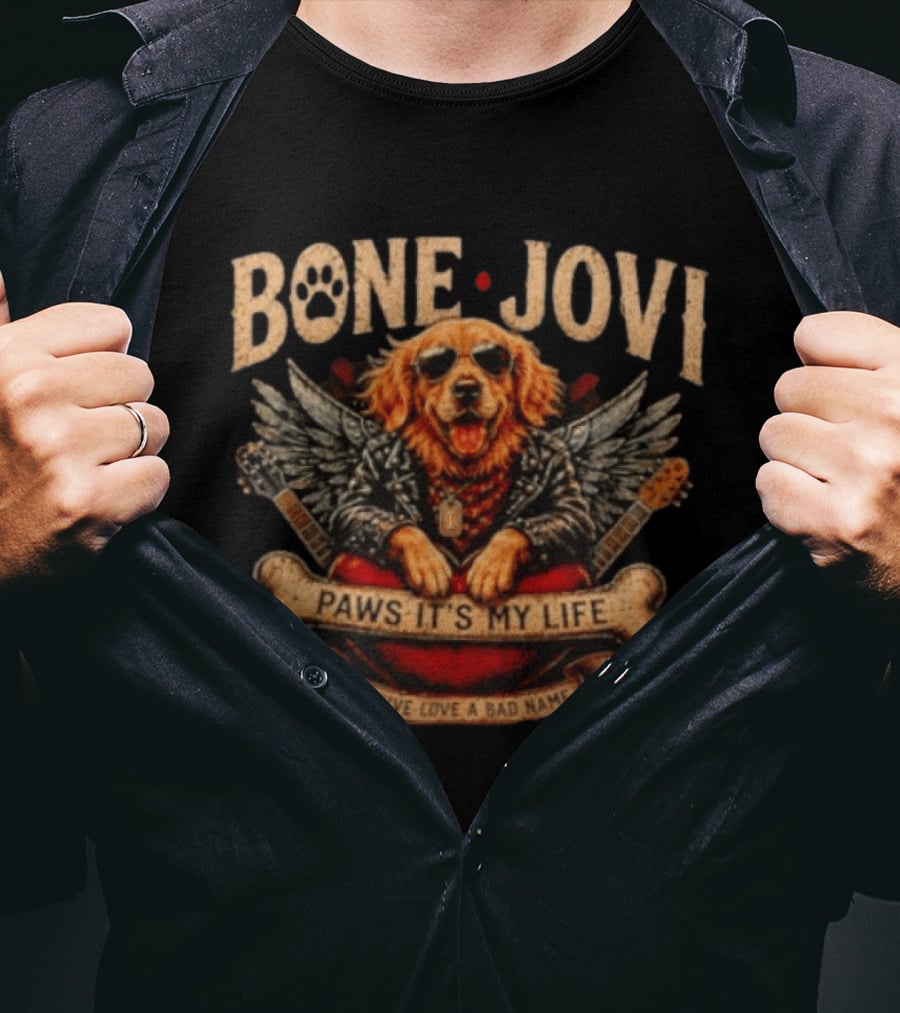 Bone Jovi Paws It's My Life You Give Love A Bad Name Golden Retriever Wings Guitar T-Shirt