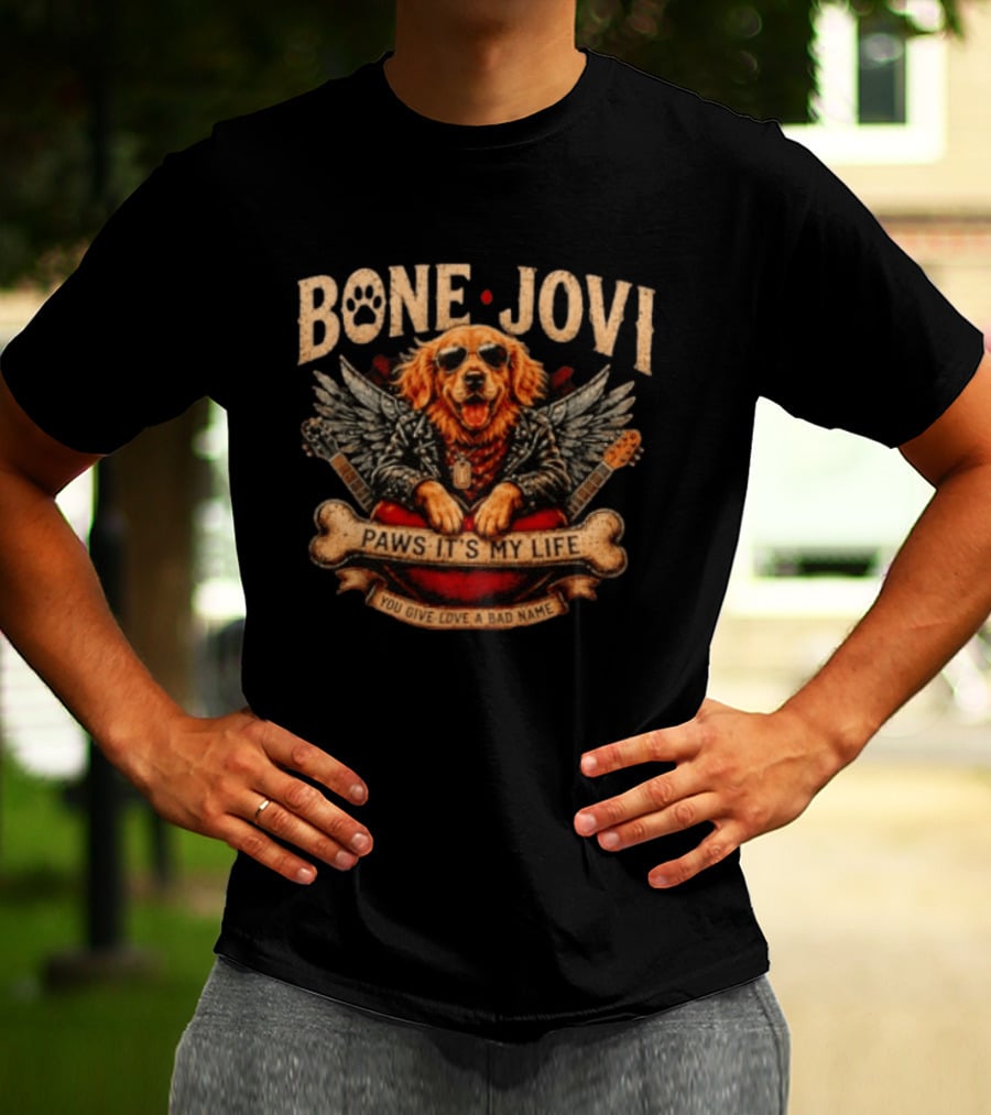 Bone Jovi Paws It's My Life You Give Love A Bad Name Golden Retriever Wings Guitar T-Shirt