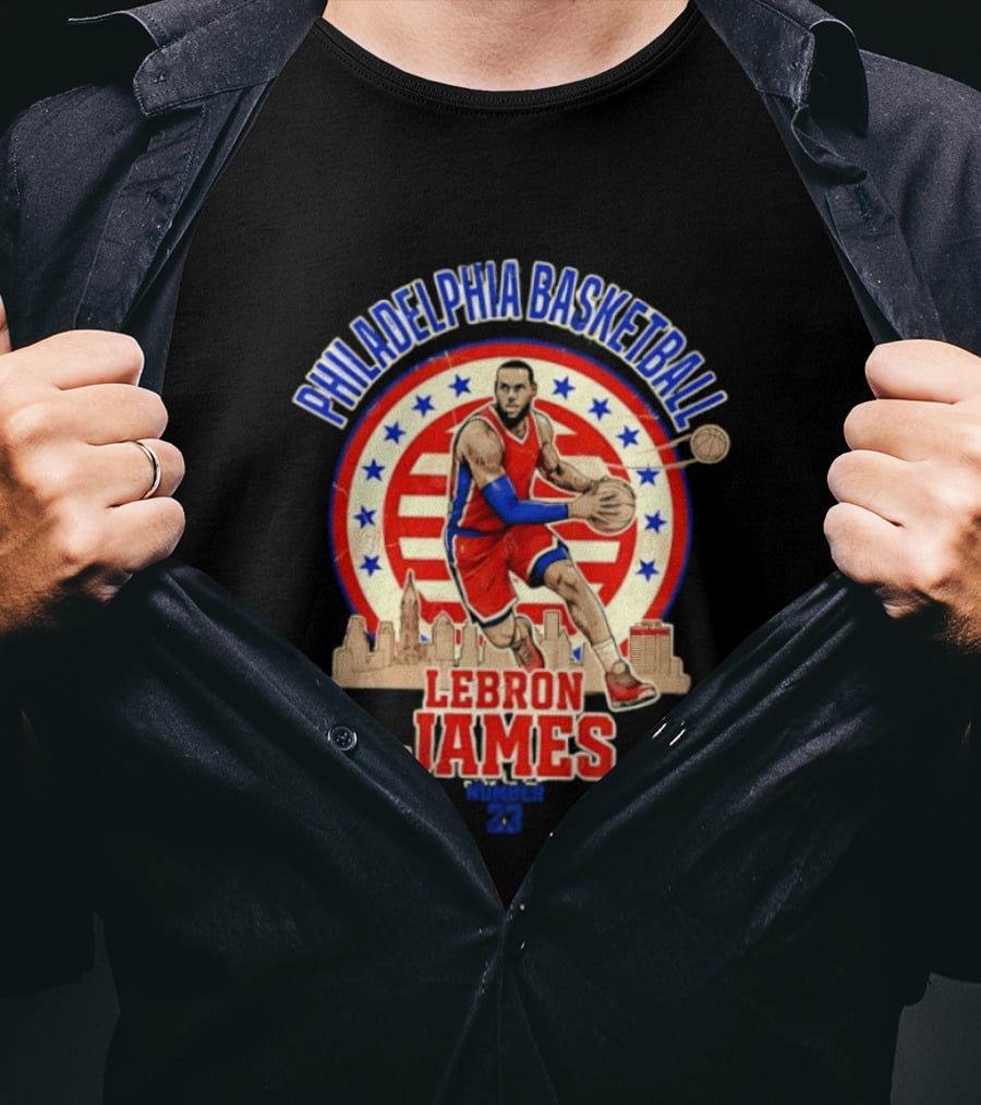 Philadelphia Basketball LeBron James City Skyline Player Red And Blue T-Shirt