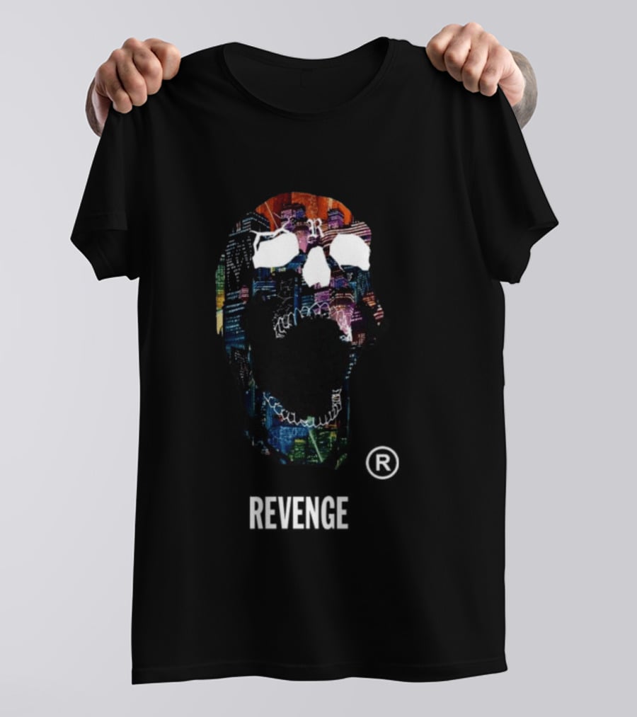 Revenge Neon Skull Cityscape Lights Black T-Shirt