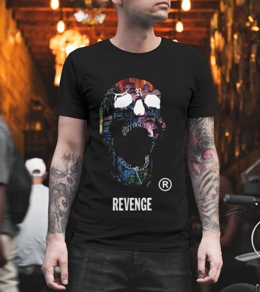 Revenge Neon Skull Cityscape Lights Black T-Shirt