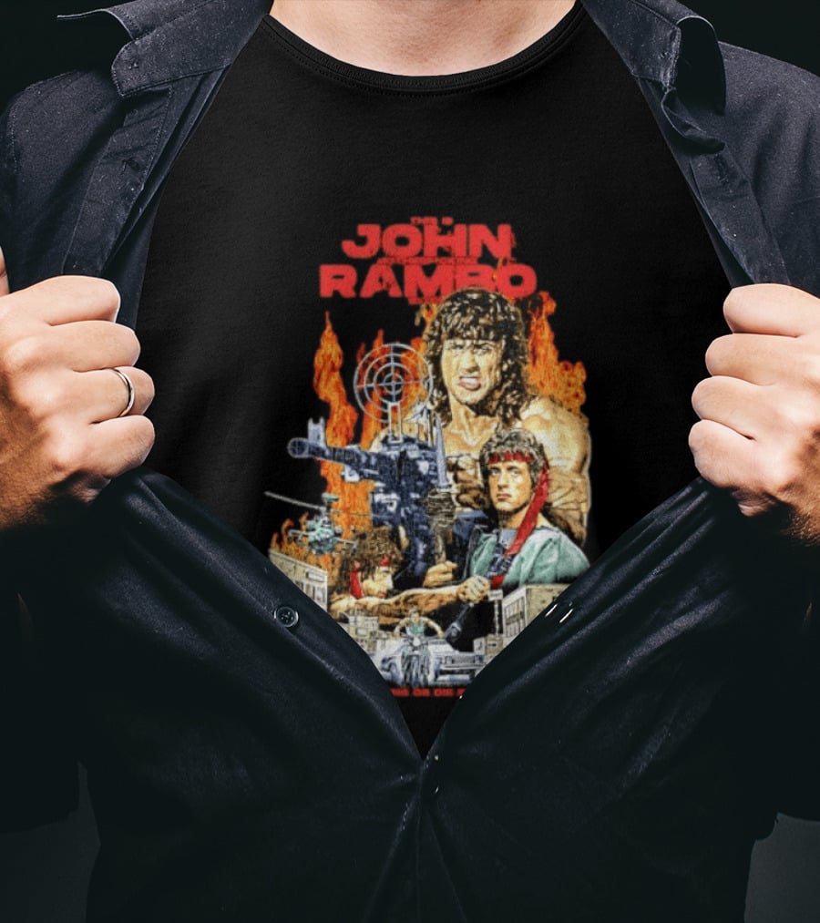 John Rambo Live For Nothing Or Die For Something Iconic Action Movie Art With Explosions And Gun Scenes T-Shirt