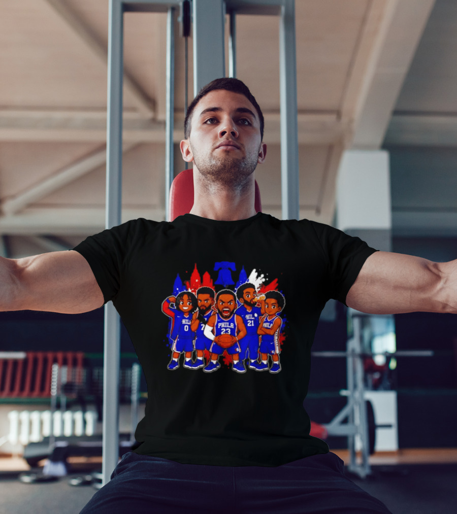 Philadelphia 76ers Cartoon Players With Liberty Bell Skyline T-Shirt