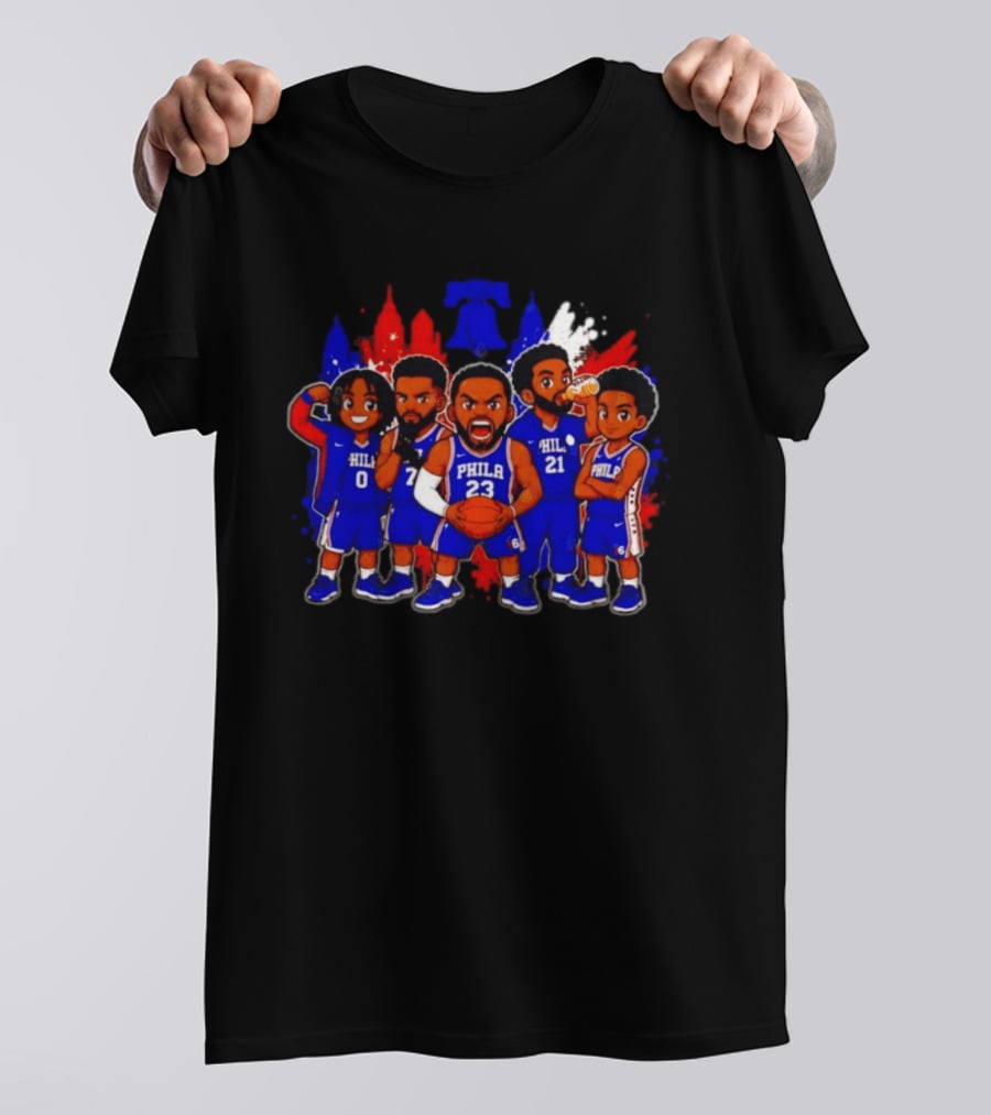 Philadelphia 76ers Cartoon Players With Liberty Bell Skyline T-Shirt