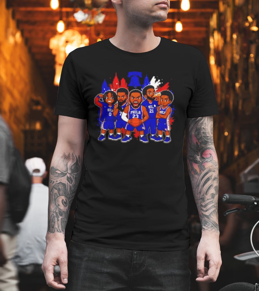 Philadelphia 76ers Cartoon Players With Liberty Bell Skyline T-Shirt