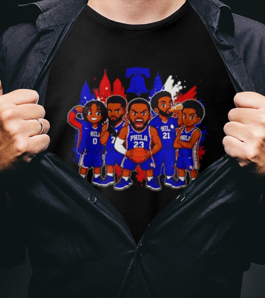 Philadelphia 76ers Cartoon Players With Liberty Bell Skyline T-Shirt