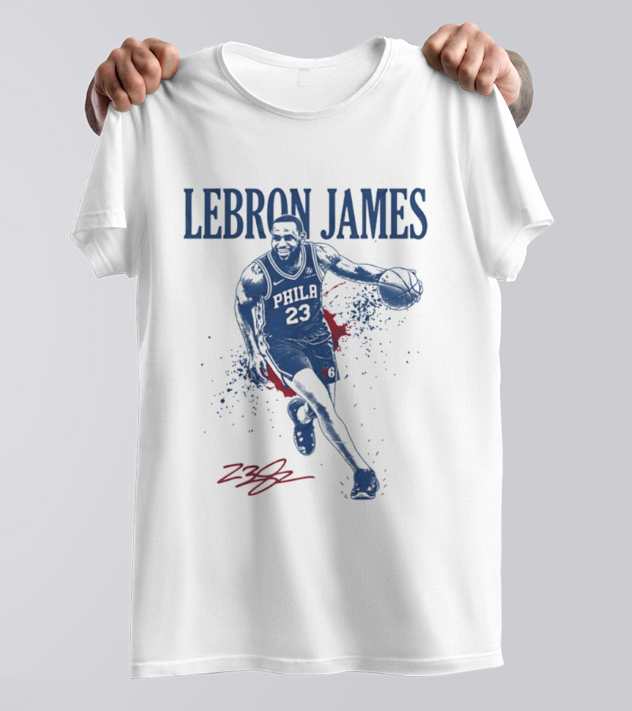 LeBron James 23 Philly Basketball Blue And Red Splash T-Shirt