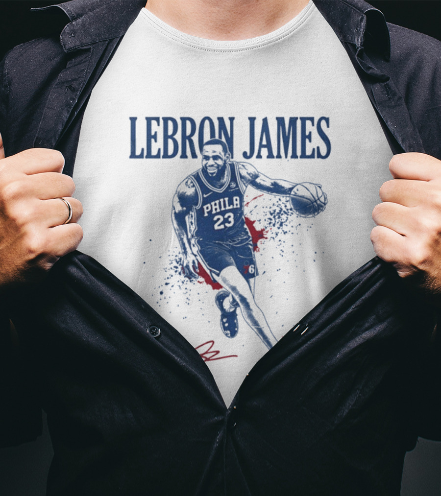 LeBron James 23 Philly Basketball Blue And Red Splash T-Shirt