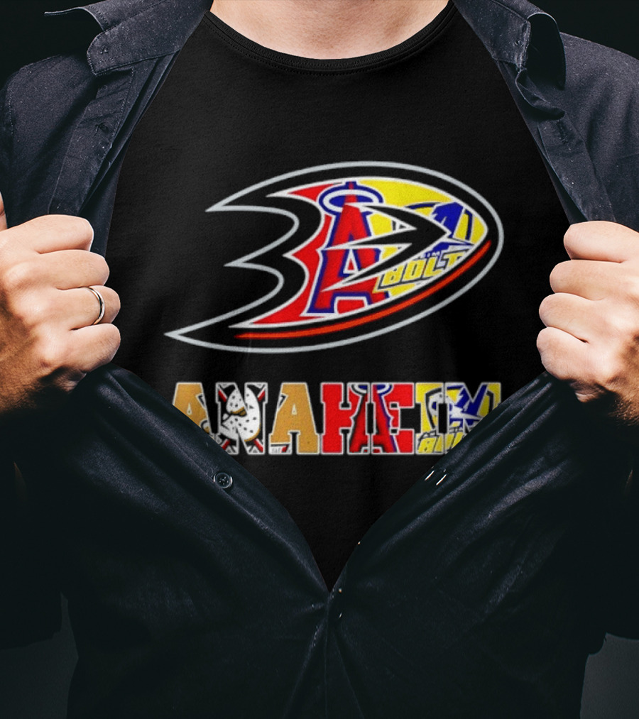 Anaheim Ducks Los Angeles Angels Anaheim Bolts Collage Anaheim Text And Logos T-Shirt