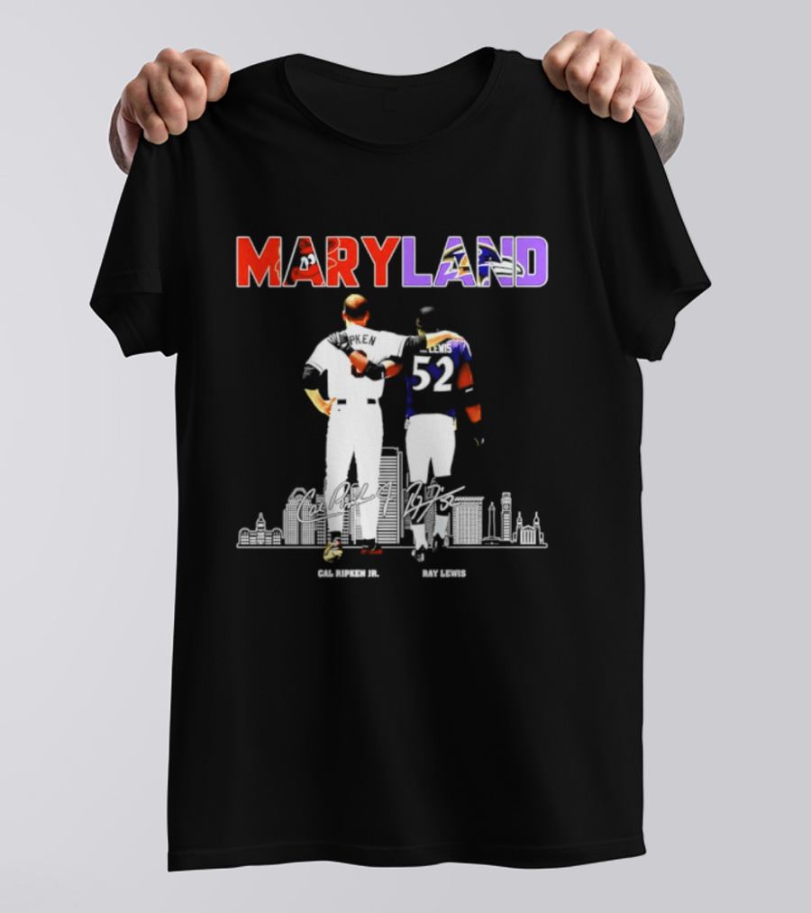 Maryland Cal Ripken Jr 8 Baltimore Orioles Ray Lewis 52 Baltimore Ravens Skyline T-Shirt