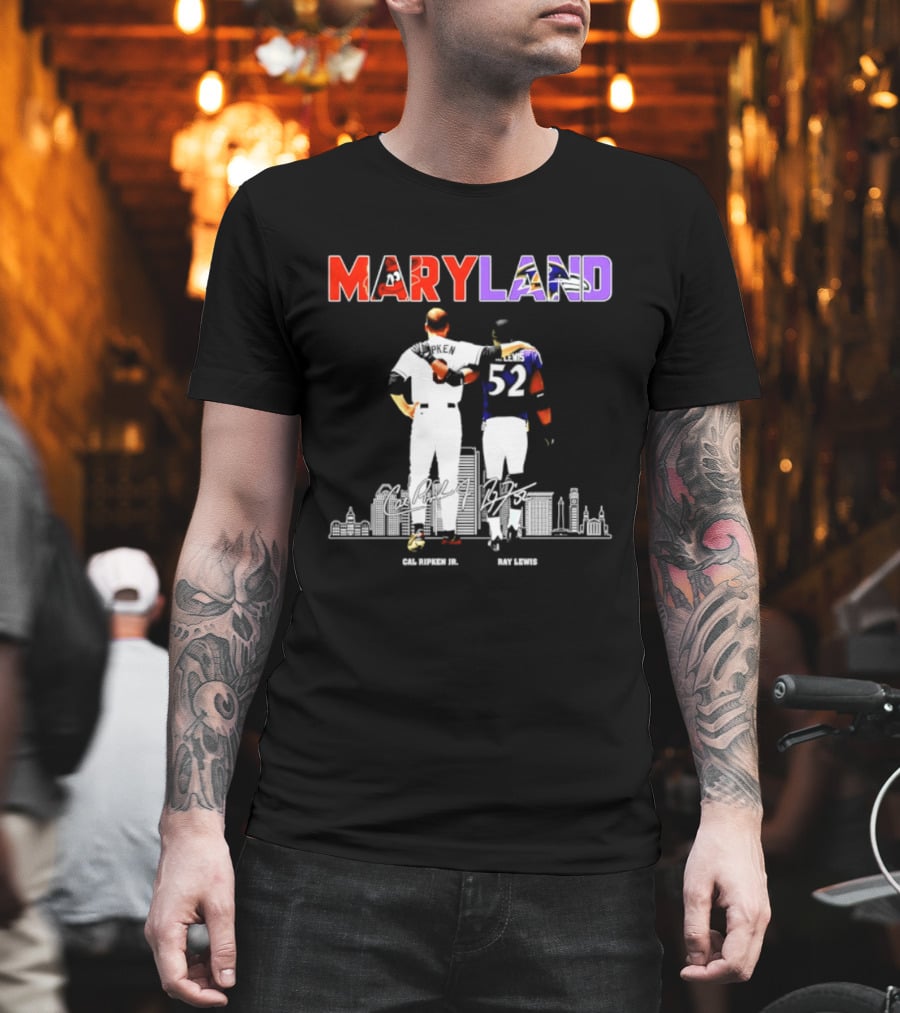 Maryland Cal Ripken Jr 8 Baltimore Orioles Ray Lewis 52 Baltimore Ravens Skyline T-Shirt