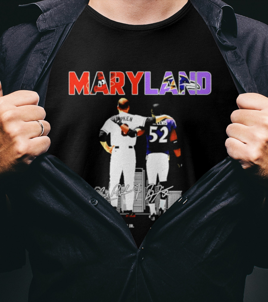 Maryland Cal Ripken Jr 8 Baltimore Orioles Ray Lewis 52 Baltimore Ravens Skyline T-Shirt