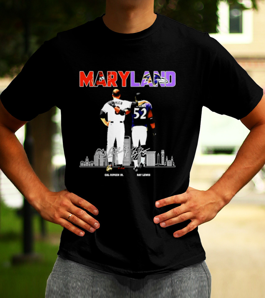 Maryland Cal Ripken Jr 8 Baltimore Orioles Ray Lewis 52 Baltimore Ravens Skyline T-Shirt