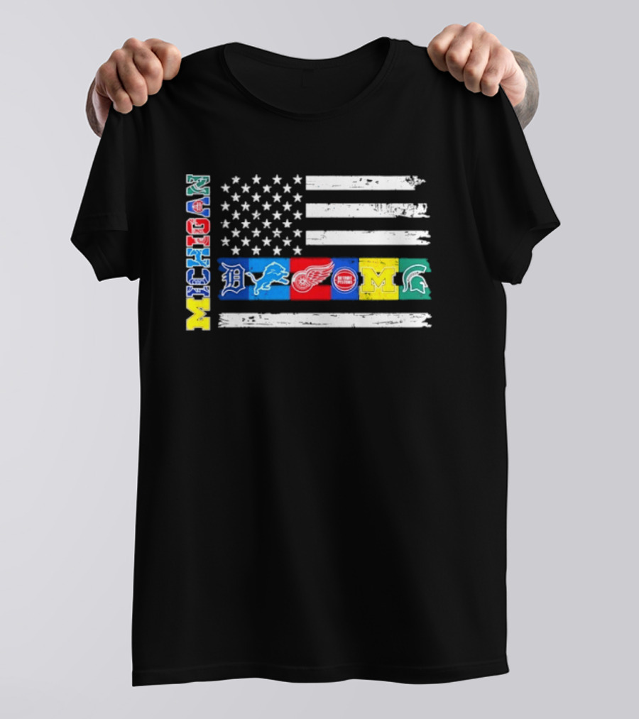 Michigan Detroit Tigers Lions Red Wings Pistons Wolverines Spartans Flag Sports Team Pride T-Shirt