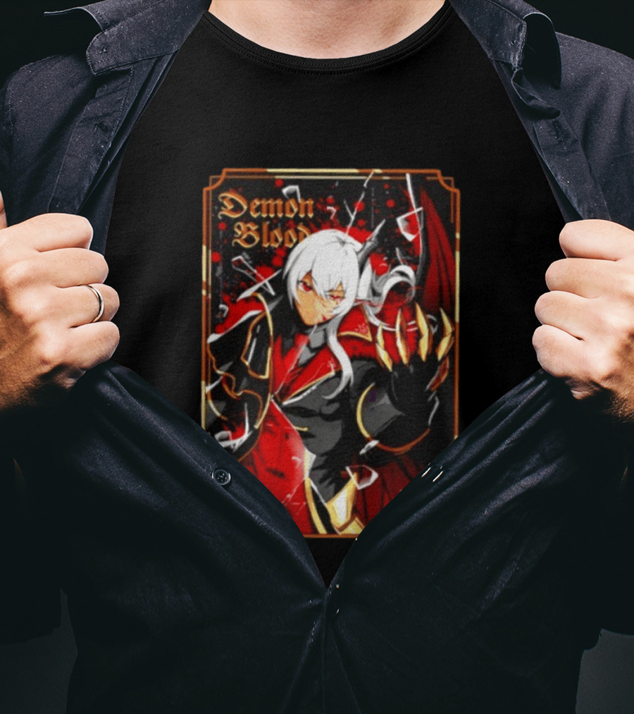 Demon Blood Anime Fantasy Dark Character Design With White Hair And Red Accents T-Shirt