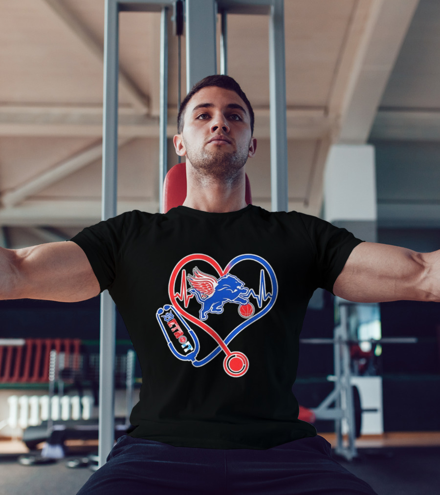 Detroit Heartbeat Stethoscope Lion Playing Basketball T-Shirt