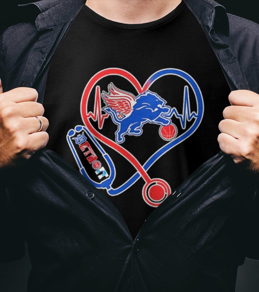 Detroit Heartbeat Stethoscope Lion Playing Basketball T-Shirt