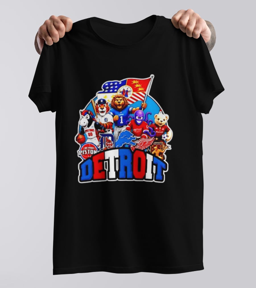 Detroit Lions Tigers Pistons Red Wings Mascots With Flag T-Shirt